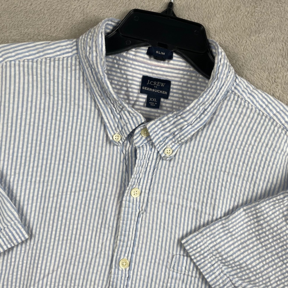 J Crew Seersucker Shirt Mens 2XL Slim Fit Blue Striped Button Down Preppy